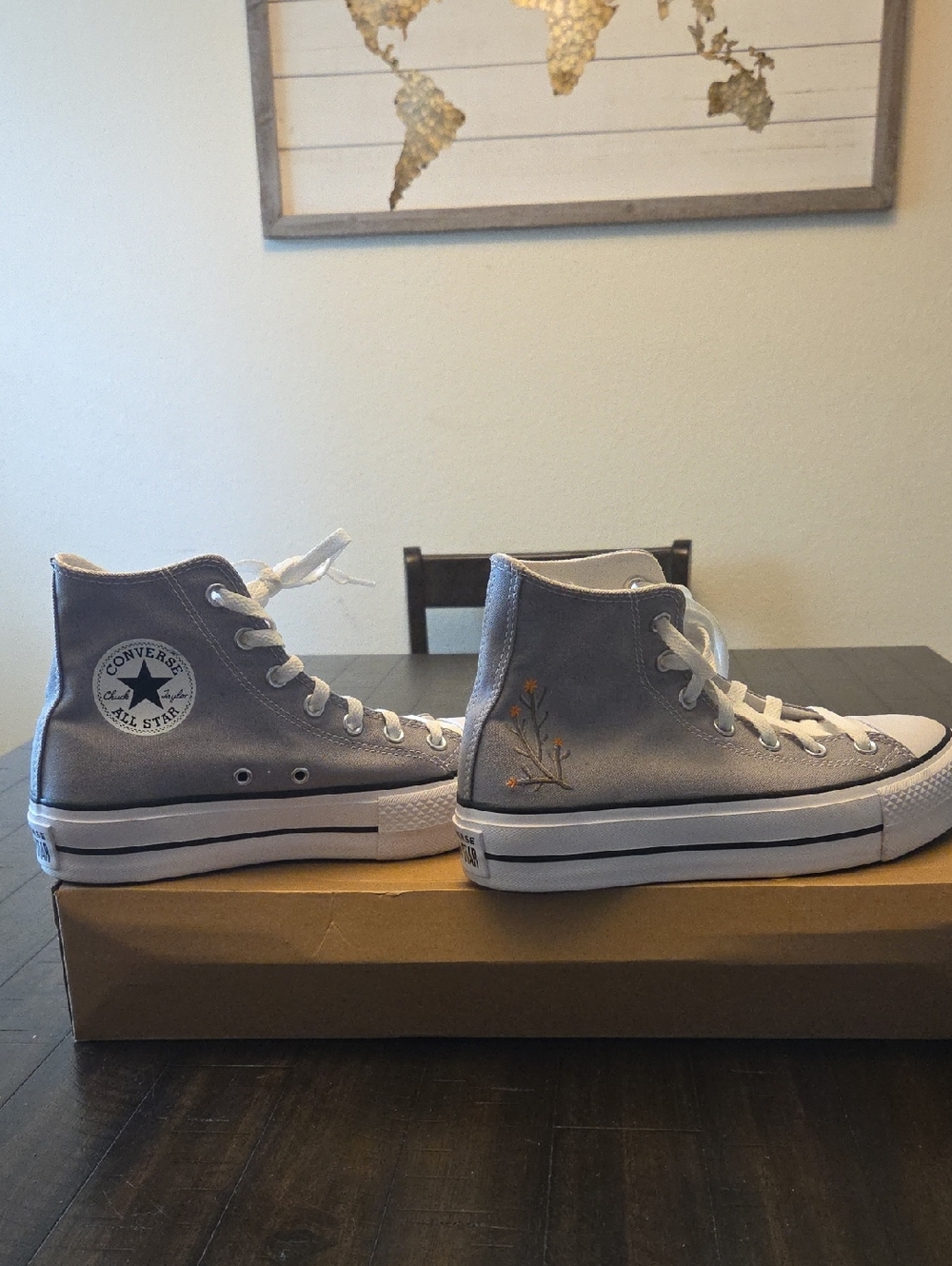 Converse All Star Platform Lift Sneakers in Light Gray with Embroidered Detail
